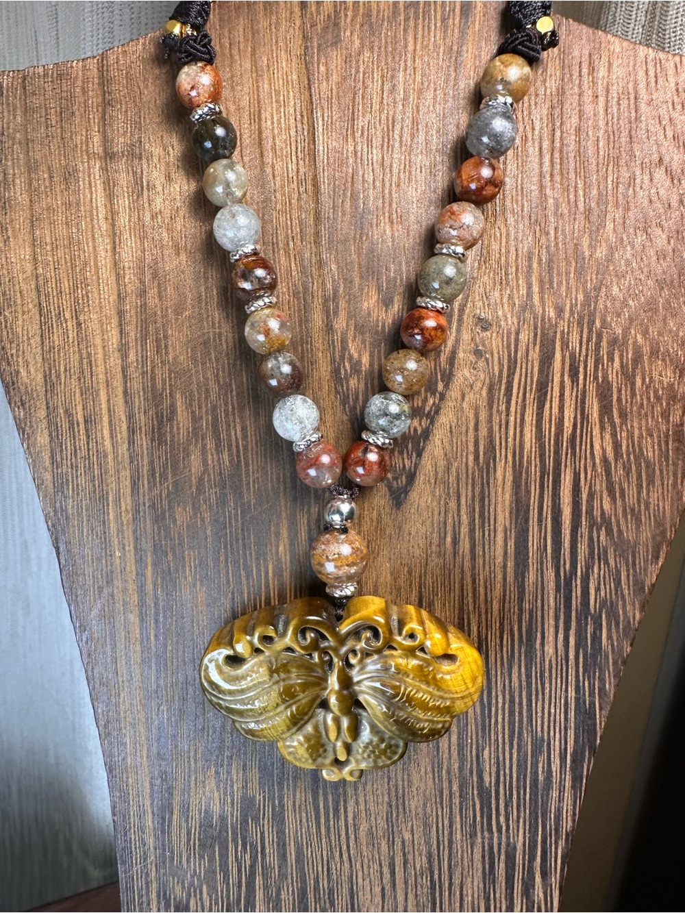 Tiger’s Eye Moth Pendant Necklace on Half Beaded Brown Adjustable Rope - Picture 6 of 15